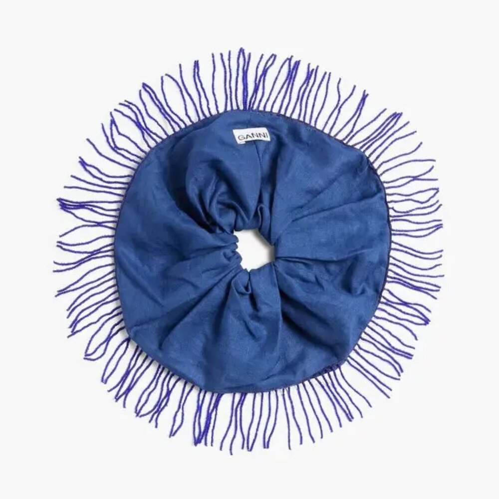 GANNI fringed bead-embellished linen hair tie blue/indigo